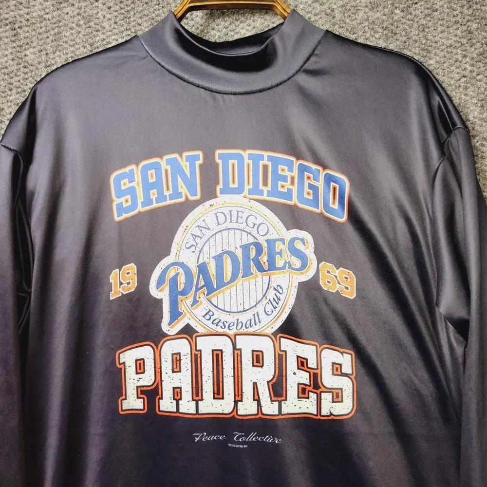 San Diego Padres Mock Crew Satin Sheen Spandex Shirt Women Size S - Picture 3 of 7